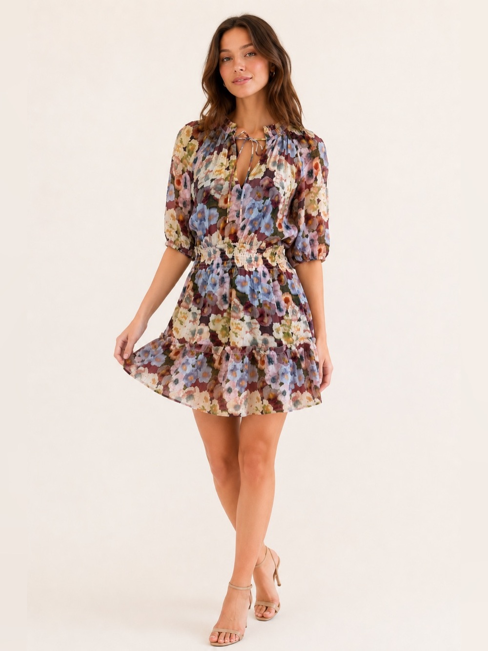 Rails Fiorella Floral Dress Plisse Tie Neck Multicolor L